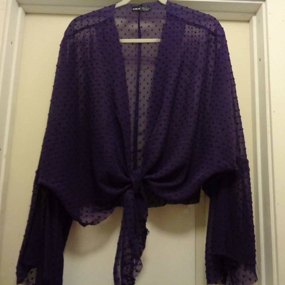 SHEIN PURPLE SHEER W TEXTURED BALLS LOOSE SHRUG M